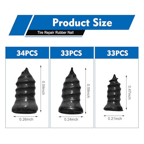 Image of 101 PCS Tire Repair Rubber Nail, 3 Size Vacuum Tire Repair Kits Spiral Rubber Screws, Fast Self-Service Tool for Car, Truck, Motorcycle, Tractor Tire Puncture Repair (Black)
