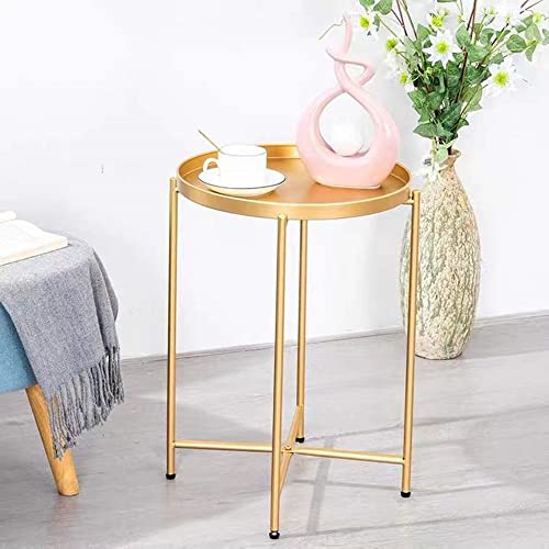 Joveco Round End Table, Folding Metal Side Table Small Coffee Table, Sofa Side Table With Removable Tray, Nightstand Accent Table For Living Room Bedroom Office (Gold) #TOP1