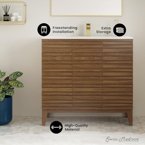 Image of Swiss Madison Cascade 36 inch Brown Oak Bath Vanity with White Ceramic Sink Top