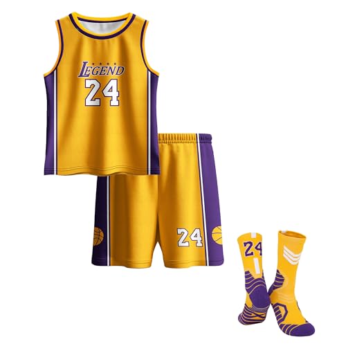 Hjshfue Camisetas de baloncesto para niños #24 de malla, sin mangas, camiseta sin mangas, calcetines cortos para niños y niñas, 3 piezas, uniformes de entrenamiento atlético