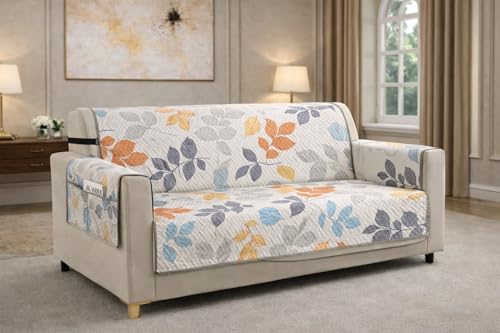 Image of Printed Quilted Sofa Mat for 5 Seater (3+1+1) - Floral Design Slipcover with Armrest, Pockets on Both Sides, Fully Covered Sofa Protector - Orange Grey