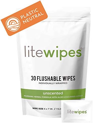 Litewipes Individual Flushable Wipes for Adults, Unscented Wet Wipes with Aloe & Hypoallergenic, Made in USA (30 Single Wrapped Personal Cleansing Wipes for Travel)
