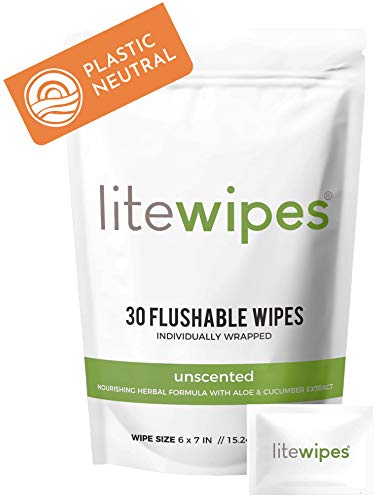 Litewipes Individual Flushable Wipes for Adults, Unscented Wet Wipes with Aloe & Hypoallergenic, Made in USA (30 Single Wrapped Personal Cleansing Wipes for Travel)