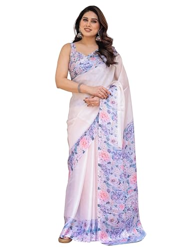 Image of ALMAARI FASHION Women's Floral Printed Georgette Satin Saree with Unstitched Blouse Piece | Traditional Ethnic Wear Sarees | Soft Lightweight Ethnic Office Wear Daily Wear Indian Sari (SG 181-190 F)