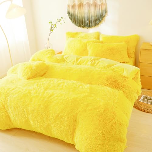 Furry Fluffy Yellow Comforter Cover King Set – Faux Fur Furry Yellow Bedding 3-Piece Set (1 Duvet Cover + 2 Furry Pillow Shams) Cozy Bed Set