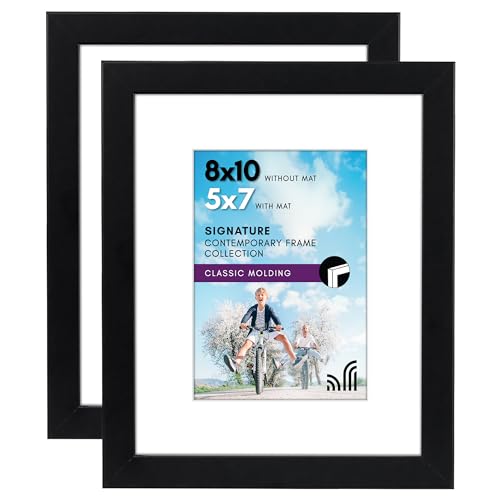 Americanflat 8x10 Picture Frame with Shatter-Resistant Glass - Set of 2 - Use as 5x7 Frame with Mat or Display 8x10 Photo Without Mat - Signature Collection - Photo Frames for Tabletop or Wall - Black
