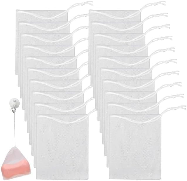 20 Pcs White Exfoliating Mesh,Soap Saver Pouch Bags Mesh Soap Bag Soap,Handmade Soap Net Bags with Drawstring Meshs Foaming Net Soaps Sack Bags for