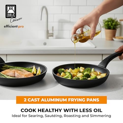 Image of BRA COOKWARE Efficient Pro 3-Piece Nonstick Frying Pan Set | 8+9.5+10.2 Inch Cast Aluminum Skillets | 3-Layer Scratch Resistant Coating Frypans | PFOA Free | All Cooktops Pans | Heat-Resistant Handle