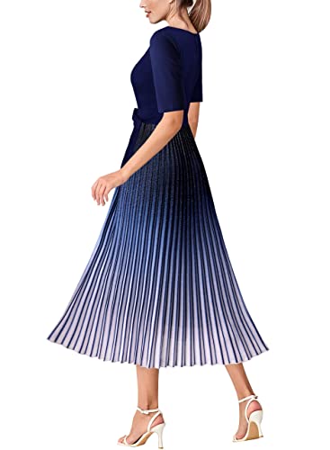 VFSHOW Womens Elegant Patchwork Belted Work Business Office Casual Party Pleated A-Line Midi Dress3