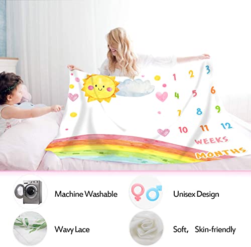 Image of Cartoon Rainbow Baby Monthly Milestone Blanket - 48x40in Sun Cloud Heart Shape Colored Dots for Newborn Shower, Growth Chart Photography