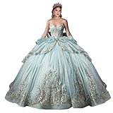XYAYE Glitter Tulle Ice Blue Quinceanera Dresses with Long Train Glitter Strapless Gold Lace XV Dress for Quinceañera Luxury Petite Beaded Ball Gown Size 0