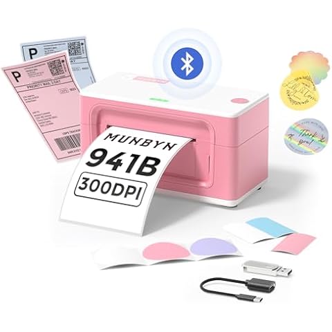MUNBYN Bluetooth Thermal Label Printer 941B, Wireless 300DPI 4x6 Shipping Label Printer for Small Business, Compatible with Windows, Mac, iPhone, Android, PC, Ebay, Amazon, Shopify, Etsy, USPS (Pink) Cover