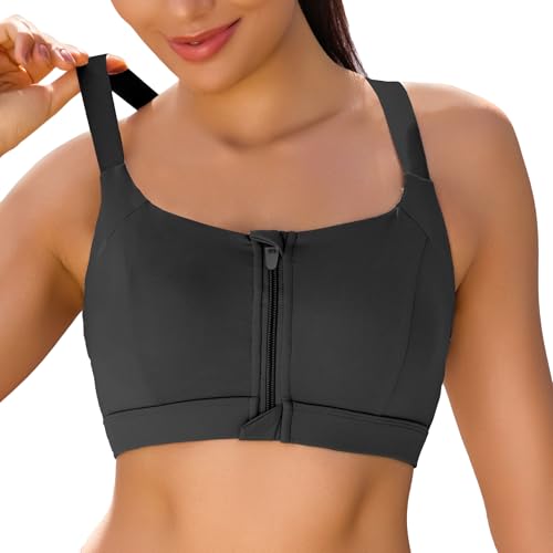 Image of Vorcy Front Zipper Sports Bras Adjustable High Impact Sports Bras U Back High Support Yoga Bra with for Yoga & Gym Workouts Black