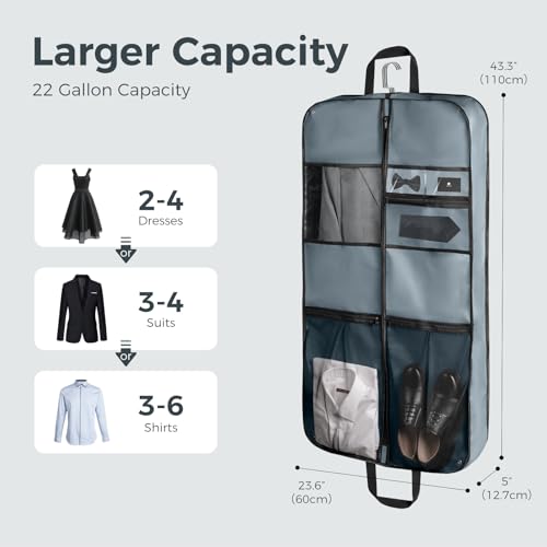 pack all 43" Premium Gusseted Travel Garment Bag, Heavy Duty Hanging Suit Bag, Foldable Dress Bag for Closet Storage, Suit Cover Protector for Clothes Shirts Dresses Coats(Grey)2