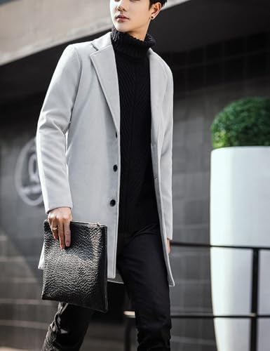 Springrain Men's Wool Blend Pea Coat Notched Collar Single Breasted Overcoat Warm Winter Trench Coat(Light Gray-M)
