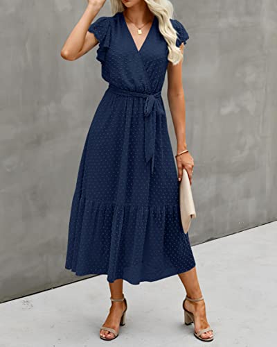 Image of BTFBM Women Summer Bohemian Floral Casual Wrap V Neck Ruffle Cap Sleeveless Belt A-Line Pleated Hem Midi Sun Dress White