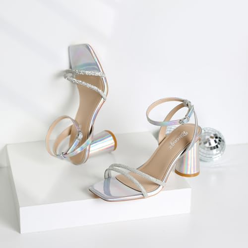 Image of RIBONGZ Block Heels Prom Heeled Sandals for Women Chunky Square Open Toe Strappy High Heels Ankle Strap Wedding Bridal Shoes High Heel Sandals for Party Dress