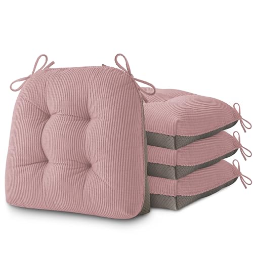 Image of AddGrace Dining Chair Cushions Set of 4 Non-Slip 18 inchx16 inchx3 inch Pink | with Ties, Textured Fabric, for Kithchen, Dining Room, Restaurant, Indoor Furniture, Wood Chairs, Long Meals, Soft, Comfy