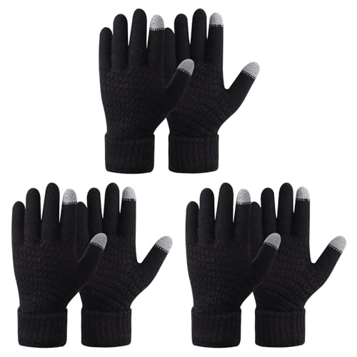 Fjquamitix 3 Pairs Women Thermal Touch Screen Gloves, Winter Warm Elastic Knitted Soft Fleece Lined Gloves for Indoor Outdoor (Black*3, One Size)