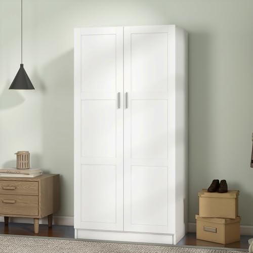 Panana Modern 2 Door Wardrobe Bedroom Armoires Closet Clothing Storage Cupboard with 2 Shelves & Hanging Rod for Bedroom (White) - Image 3
