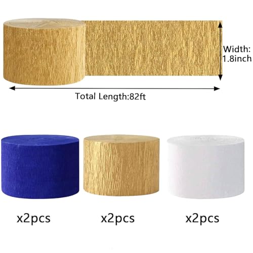 Image of We Moment Navy Blue Gold White Crepe Paper Streamers Party Streamer 1.8 Inch Widening 6 Rolls,Royal Blue Gold Party Decorations Streamer 82 feet per roll for Graduation Boy Birthday Party Decorations
