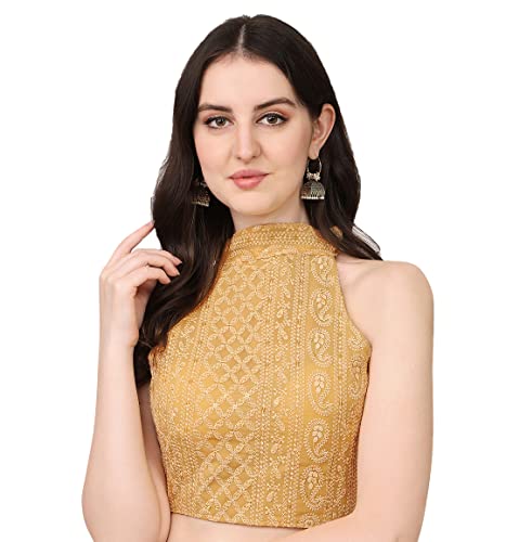 Image of Pujia Mills Women's Halter Neck Chickenkari Work Readymade Saree Blouse