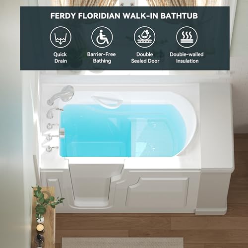 FerdY Floridian 52" x 30" Walk-in Bathtub with Left-Side Door Opening and Quick Fill and Drain System, Rectangular Soaking Bathtub in White - Image 4