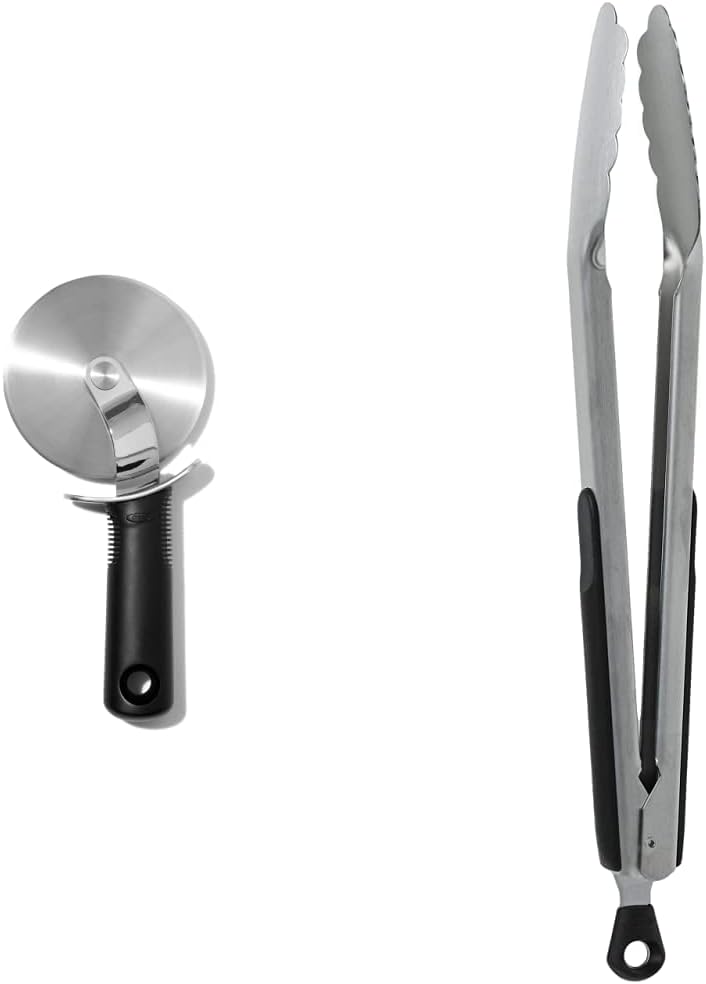 OXO Good Grips Pizza Wheel and Cutter + OXO Good Grips 12-Inch Stainless-Steel Locking Tongs Bundle