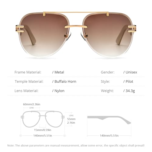 HEPIDEM 100% Really Buffalo Horn Sunglasses for Men Rimless Oversize Aviator Square Sun Glasses 00393