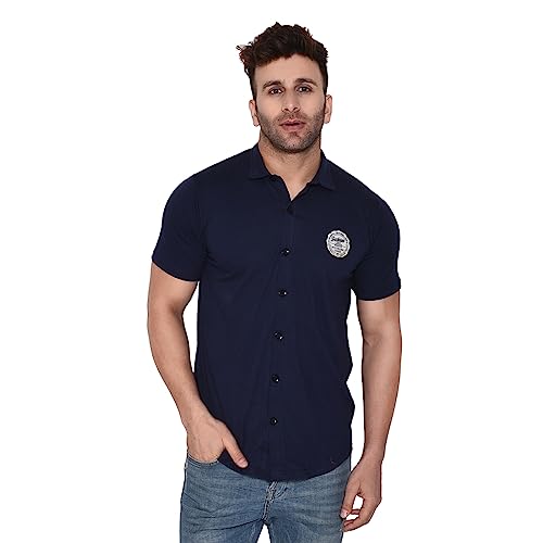 Image of Geum Men's Casual Shirt with Graphic Print | Short Sleeve Button-Down Shirt for Casual & Streetwear Look | Cotton Blend Slim Fit Shirt