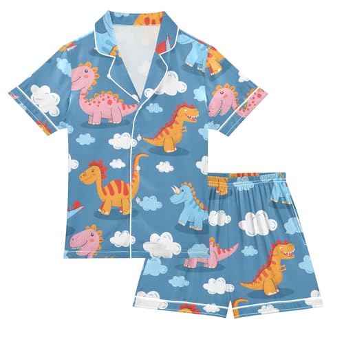 ALAZA Dinosaur Cloud Blue Pajamas Satin Pajama Set Short Sleeve Button Down Sleepwear