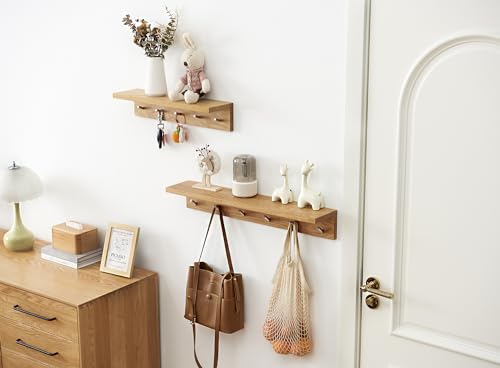 OAKERLAND Estante Flotante de Madera Maciza Con Ganchos, 70cm Balda Pared Para Entrada, Baño, Dormitorio, Sala de Estar (70cm - 6 Ganchos) - imagen 2