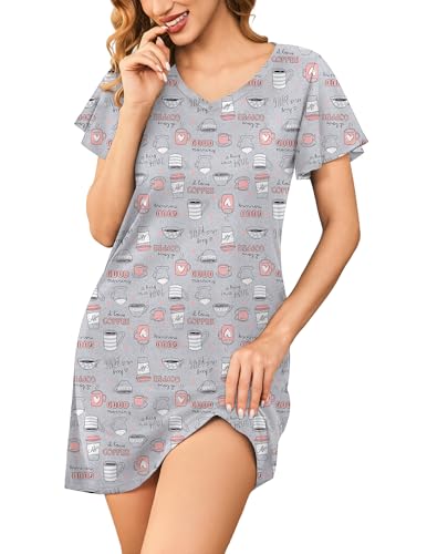 Ekouaer Womens Cotton Nightgowns Soft Short Sleeve Sleep Shirts Printed Night Shirts Night Dress Grey Coffee Print L