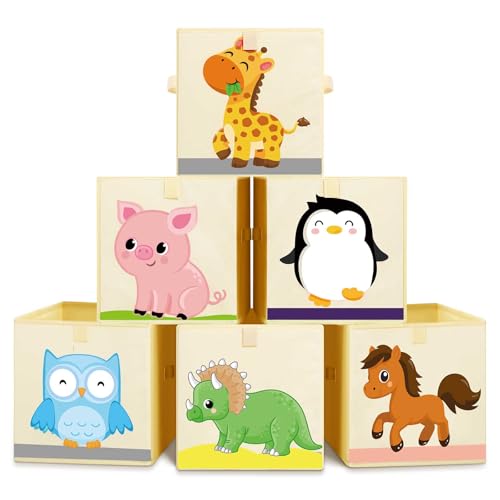 Image of Kigley 6 Pcs Collapsible Cube Storage Bins Kids Foldable Storage Cube Organizer Fabric Toy Box Decorative Kids with Handles for Home Nursery Bedroom, 10.6 x 10.6 Inch(Cute Animal)