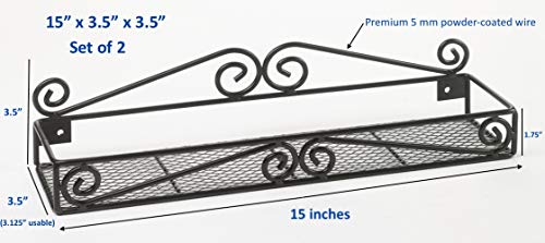 Unum Spice Rack Organizers - Set Of 2 Black Metal Hanging Shelf For Spices - Cupboard, Kitchen Or Pantry Storage – Handcrafted Scroll Design - 15" X 3.5" X 3.5" #TOP22
