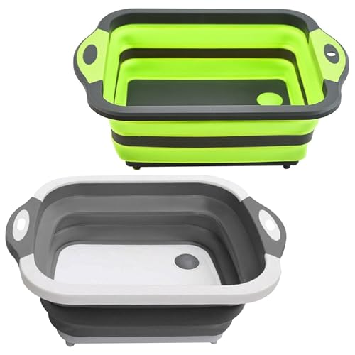 SSKT Pack of 2 Collapsible Cutting Board – Multifunctional Kitchen Sink Tub Basin with Drain, Chopping Board & Washing up Bowl – Space-Saving & Portable for Kitchen, Camping, RV, & Outdoor Use