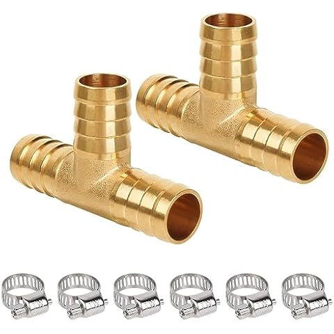 JUWO 5/8" Hose Barb Tee, Brass Barb Fitting for Fuel, Air, Oil, 6 Clamps Included (2-Pack) Cover