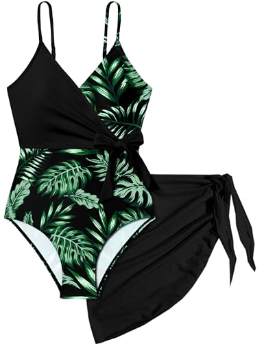 Image of Girls Swimsuit One Piece Bathing Suit Tropical Floral with Adjustable Straps Girls'Swimwear with Cover Up 9-16T