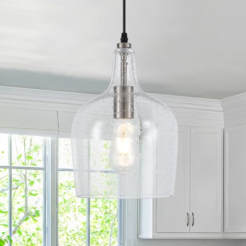 ELYCCUPA 9” Brushed Nickel Seeded Glass Pendant Light Modern 1