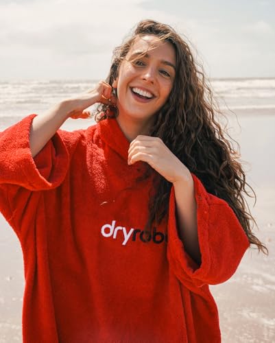 Dryrobe Towel Swim Robe - Hooded Surf Poncho Changing Robe - Organic Cotton - for Swimming, Beach, Surfing - Short Sleeve- (Medium-Red)2
