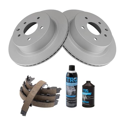 Image of TRQ Rear Brake Pad & Rotor Kit, with Chemical Kit Parking Brake Shoe Set Ceramic Premium G-Coated Compatible with 2003-2005 Infiniti G35 Nissan 350Z