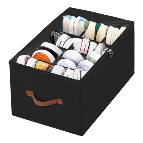 XiflLife Shoe Organizer for Closet-Foldable Shoe Storage Organizer Box with Clear Cover and Sturdy Handles,Closet Shoe Storage Bin for Sneakers Sandals Slippers,Space Saving Fit 12Pairs,Black