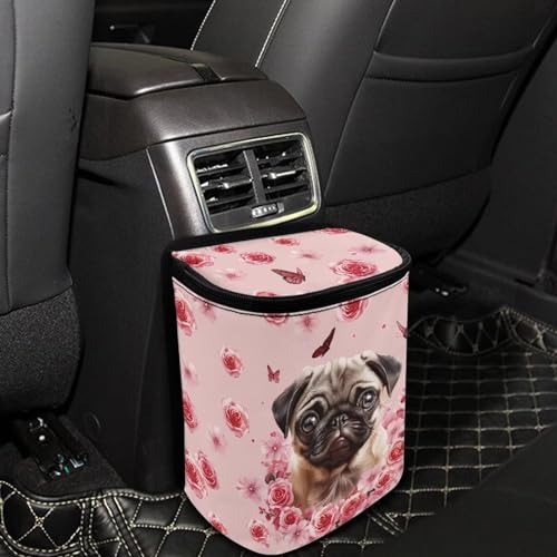 Image of Talayituse Pug Dog Flower Print Car Trash Can, Portable Auto Garbage Bin Multifunctional Vehicle Interior Accessories with Adjustable Straps Universal Fit Truck SUV Sedan