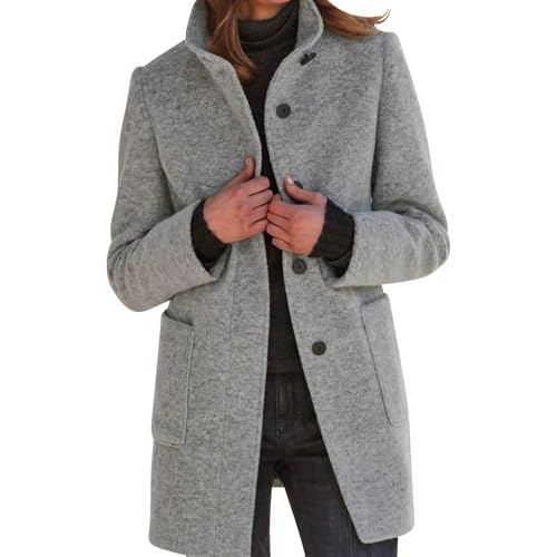Long Pea Coats for Women Oversized Stand Collar Single Breasted Casual Blazer Fall Work Peacoat Jacket with Pockets