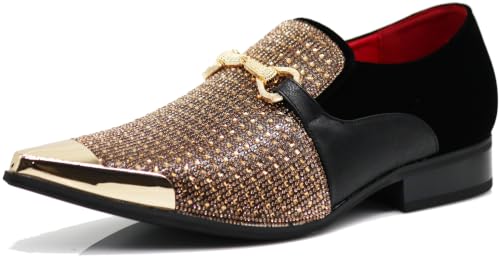 Image of Enzo Romeo Crisino Men Rhinestone Chrome Toe Suede Pointy Buckle Dress Loafer Slip On Shoes