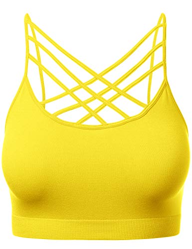 Women's Criss Cross Sports Bra – Strappy Wirefree Bralette Crop Top, Ash Mustard