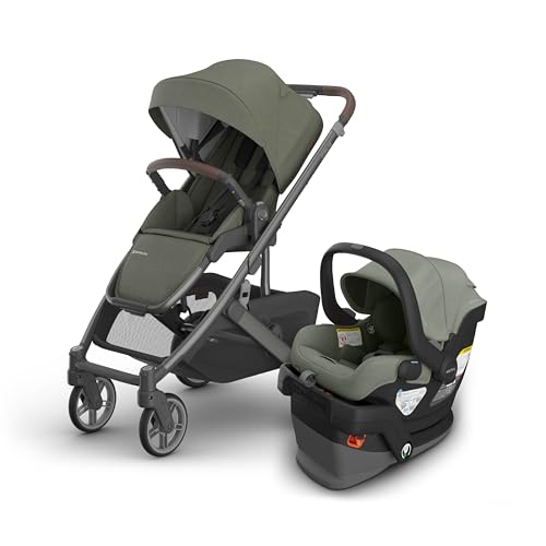 Image of UPPAbaby Cruz V3 Stroller + Mesa V3 Car Seat Travel System Combo - Toddler Seat, Bumper Bar, Bug and Rain Shields, Car Seat Base, and Infant Insert Included - Evelyn (Meadow Green)