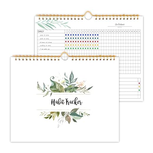 Habit Tracker Calendar- 12 Months Undated Daily Weekly & Monthly Period Habit Tracker Journal, Greenery Floral, Spiral Binding with Writable Goals Habits Track and Self Care Office Supplies. 8"x10"