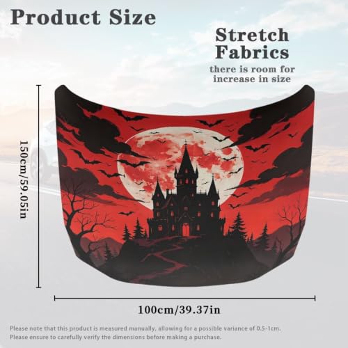 Image of Haunted Castle Bat Print Car Hood Cover Easy to Install Fabric Hood Cover Halloween Vehicles Decorate Engine Removable Automotive Accessories Personalized Suitable for Cars(59x39 Inch)