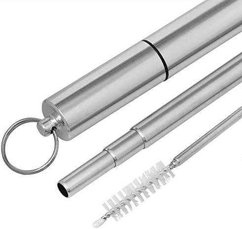 Stainless Steel Reusable Straws - Metal Collapsible Straw Portable Folding Travel Drinking Straws for Coffee and Tea with Aluminum Case for Keychain with1 Foldable Telescopic Cleaning Brush (1 Pack)